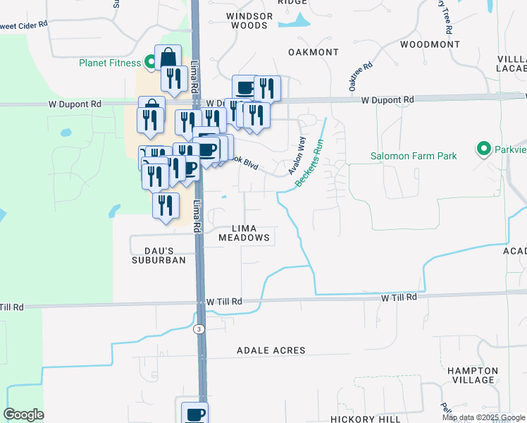 map of restaurants, bars, coffee shops, grocery stores, and more near 1303 Lima Meadow Court in Fort Wayne