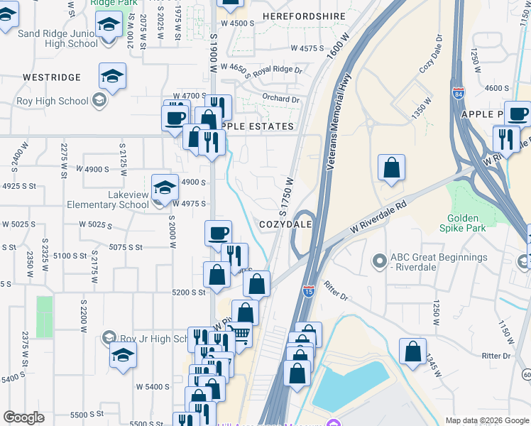map of restaurants, bars, coffee shops, grocery stores, and more near 1781 West 5050 South in Roy