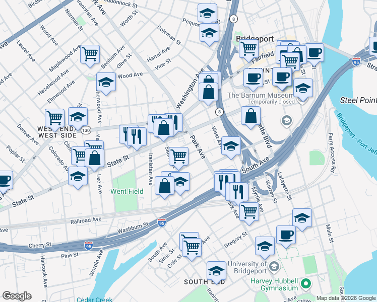 map of restaurants, bars, coffee shops, grocery stores, and more near 89 Cottage Street in Bridgeport