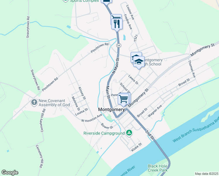 map of restaurants, bars, coffee shops, grocery stores, and more near 10-28 Penn Street in Montgomery