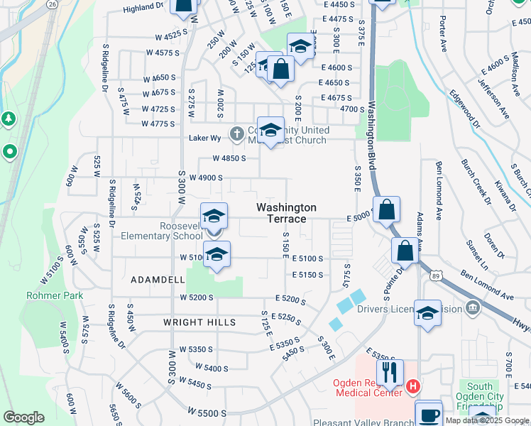 map of restaurants, bars, coffee shops, grocery stores, and more near 106 East 5050 South in Ogden
