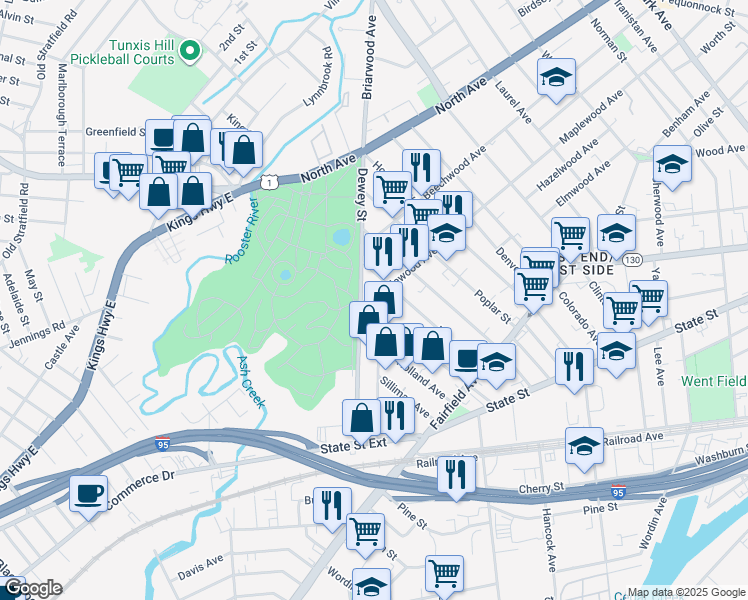 map of restaurants, bars, coffee shops, grocery stores, and more near 322 Dewey Street in Bridgeport