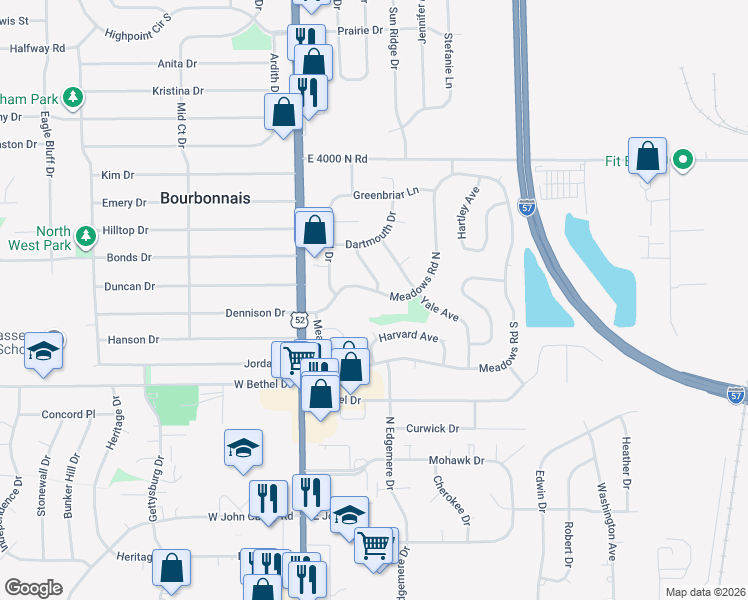 map of restaurants, bars, coffee shops, grocery stores, and more near 180 Meadows Road North in Bourbonnais