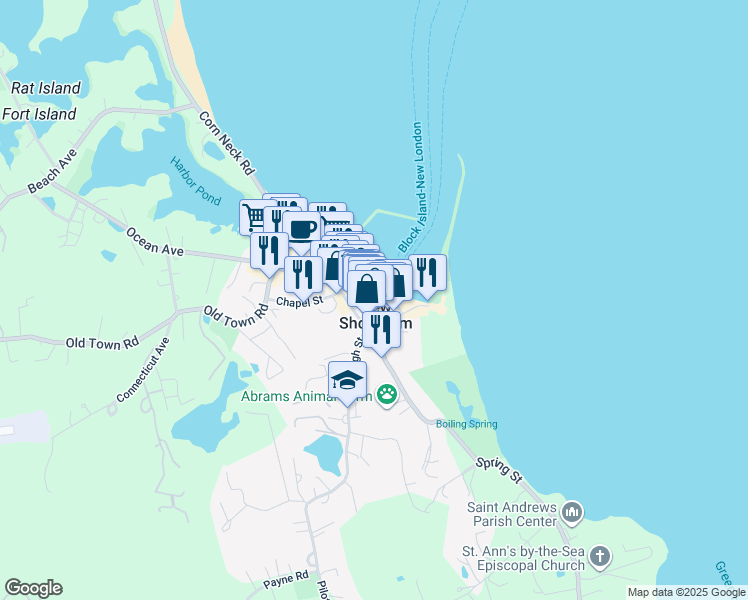map of restaurants, bars, coffee shops, grocery stores, and more near 120 Water Street in New Shoreham