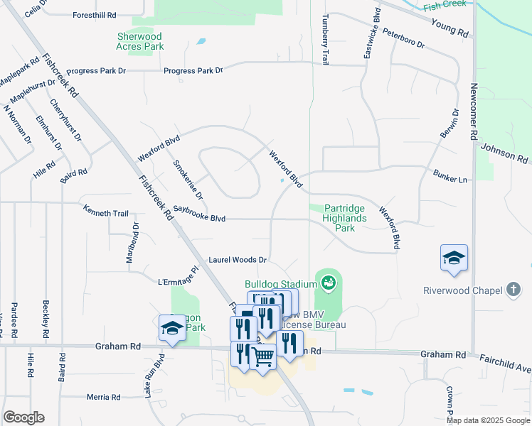 map of restaurants, bars, coffee shops, grocery stores, and more near 2869 Saybrooke Boulevard in Stow