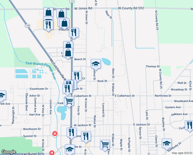 map of restaurants, bars, coffee shops, grocery stores, and more near 1324 Walnut Street in Fostoria