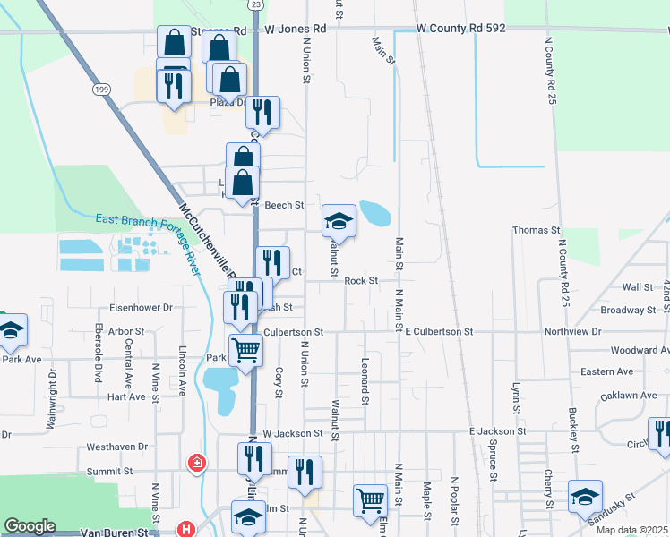 map of restaurants, bars, coffee shops, grocery stores, and more near 1324 Walnut Street in Fostoria