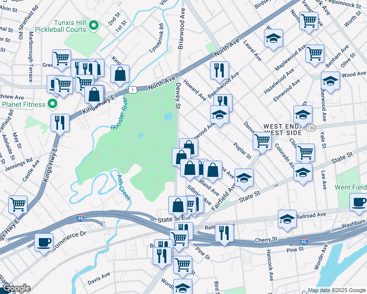 map of restaurants, bars, coffee shops, grocery stores, and more near 322 Dewey Street in Bridgeport