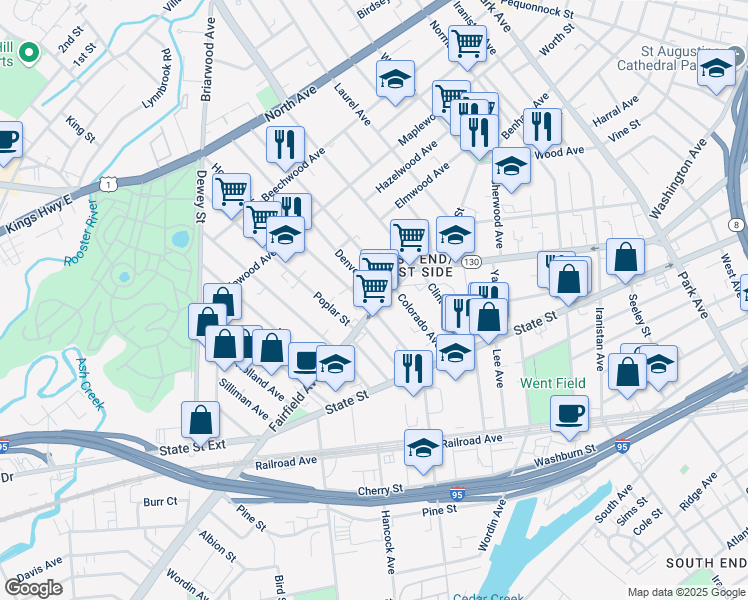 map of restaurants, bars, coffee shops, grocery stores, and more near 1430 Fairfield Avenue in Bridgeport