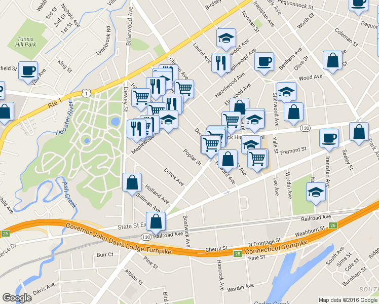 map of restaurants, bars, coffee shops, grocery stores, and more near 88 Poplar Street in Bridgeport