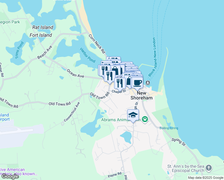 map of restaurants, bars, coffee shops, grocery stores, and more near 18 Old Town Road in New Shoreham