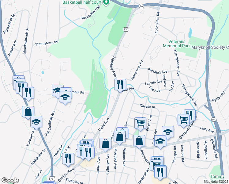 map of restaurants, bars, coffee shops, grocery stores, and more near 1 New York 134 in Ossining