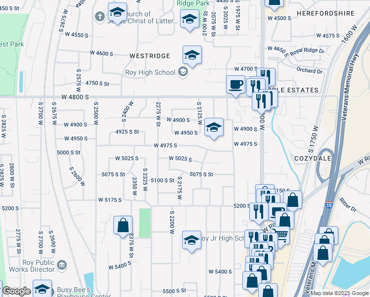map of restaurants, bars, coffee shops, grocery stores, and more near 2179 West 4975 South in Roy