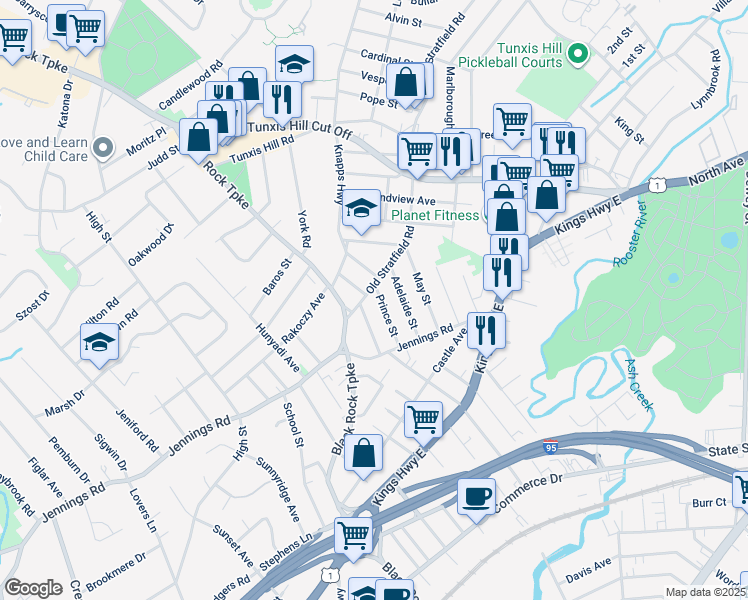 map of restaurants, bars, coffee shops, grocery stores, and more near 758 Old Stratfield Road in Fairfield