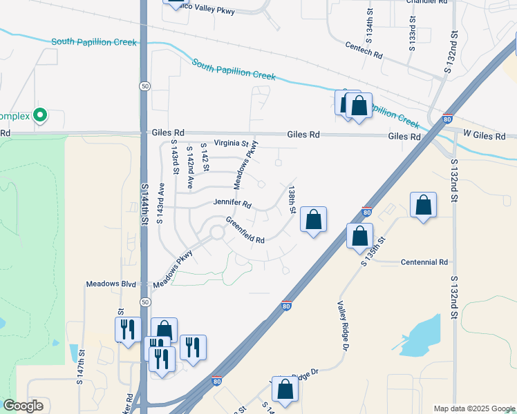 map of restaurants, bars, coffee shops, grocery stores, and more near 13930 Jennifer Road in Omaha
