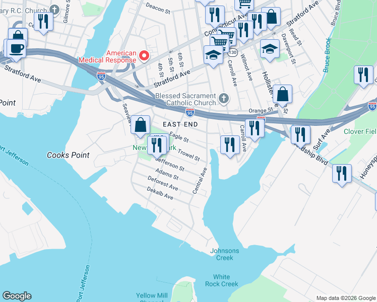 map of restaurants, bars, coffee shops, grocery stores, and more near 271 Eagle Street in Bridgeport