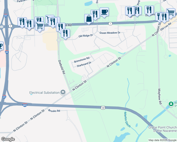 map of restaurants, bars, coffee shops, grocery stores, and more near 9600 Buxton Drive in Fort Wayne