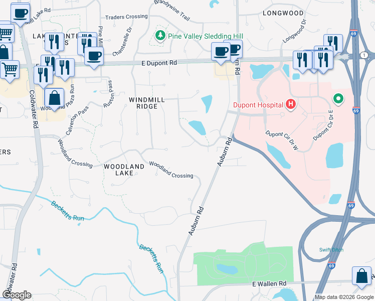 map of restaurants, bars, coffee shops, grocery stores, and more near 9820 Harbour Bay in Fort Wayne