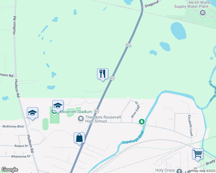 map of restaurants, bars, coffee shops, grocery stores, and more near 6662 Ohio 43 in Kent