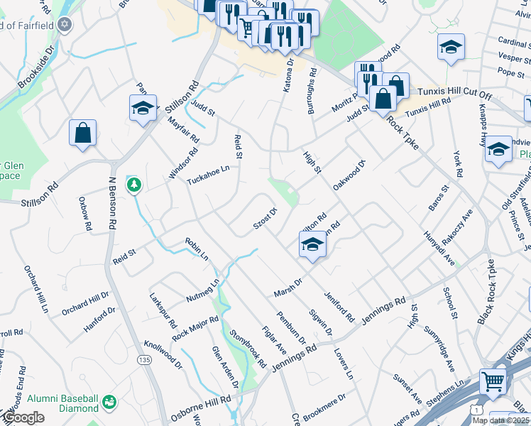 map of restaurants, bars, coffee shops, grocery stores, and more near 235 Szost Drive in Fairfield