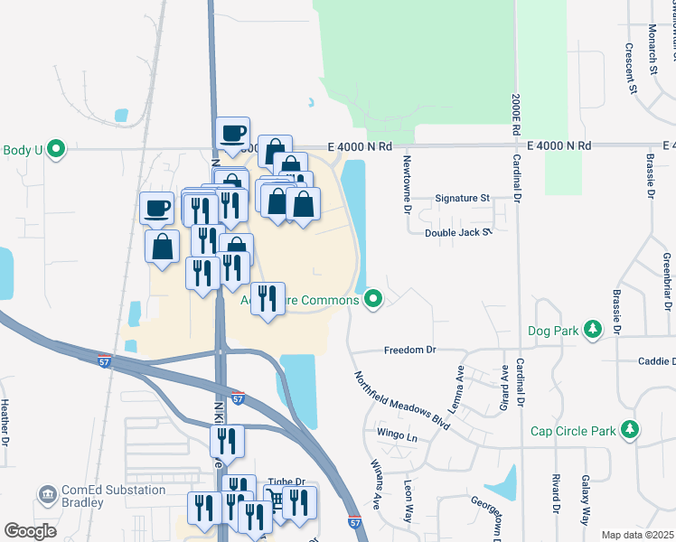 map of restaurants, bars, coffee shops, grocery stores, and more near 1602 Illinois 50 in Bourbonnais