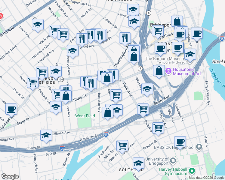 map of restaurants, bars, coffee shops, grocery stores, and more near 812 State Street in Bridgeport