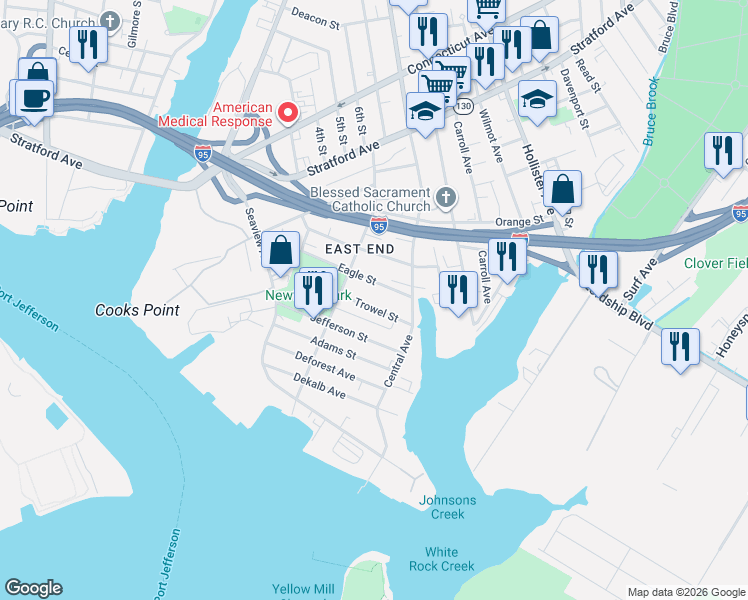 map of restaurants, bars, coffee shops, grocery stores, and more near 271 Eagle Street in Bridgeport