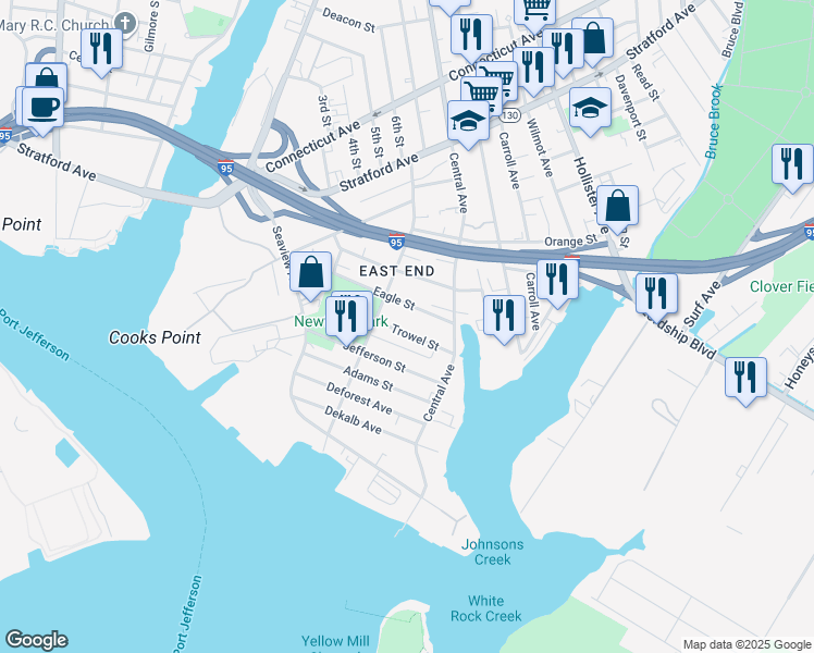 map of restaurants, bars, coffee shops, grocery stores, and more near 271 Eagle Street in Bridgeport