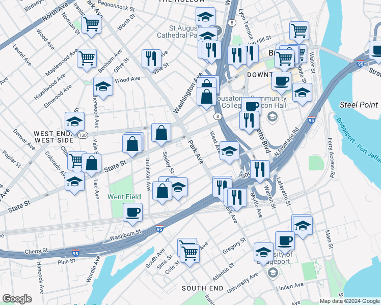 map of restaurants, bars, coffee shops, grocery stores, and more near 850 Park Avenue in Bridgeport