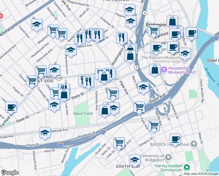 map of restaurants, bars, coffee shops, grocery stores, and more near 812 State Street in Bridgeport