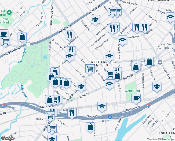 map of restaurants, bars, coffee shops, grocery stores, and more near 912-914 Howard Avenue in Bridgeport