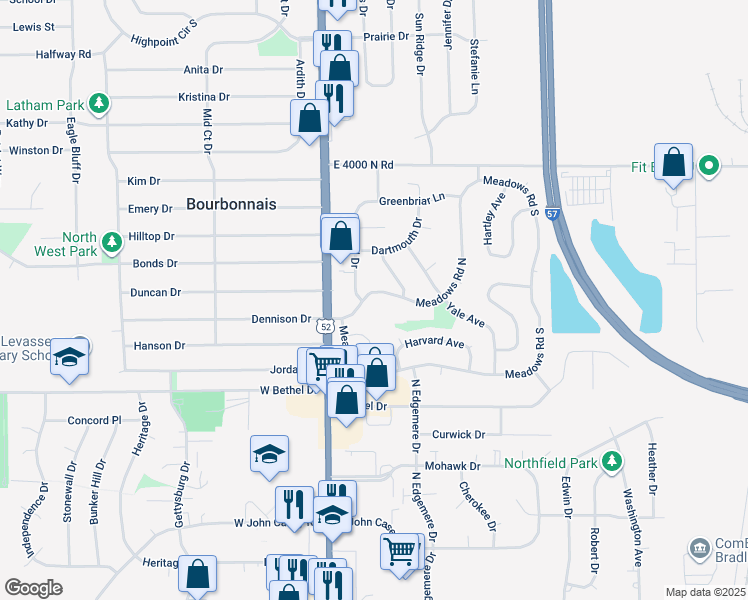 map of restaurants, bars, coffee shops, grocery stores, and more near 1149 Meadows Walk Drive in Bourbonnais