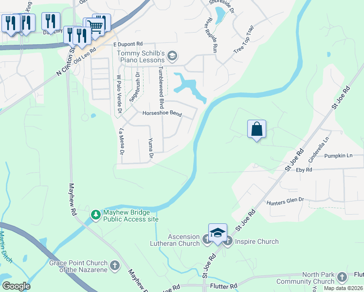 map of restaurants, bars, coffee shops, grocery stores, and more near 9820 Mustang Drive in Fort Wayne