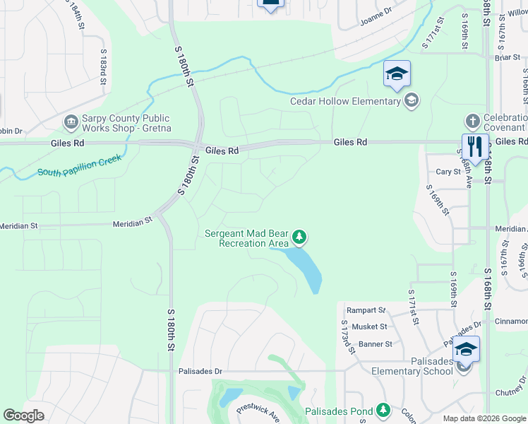 map of restaurants, bars, coffee shops, grocery stores, and more near 17393-17999 Giles Road in Omaha