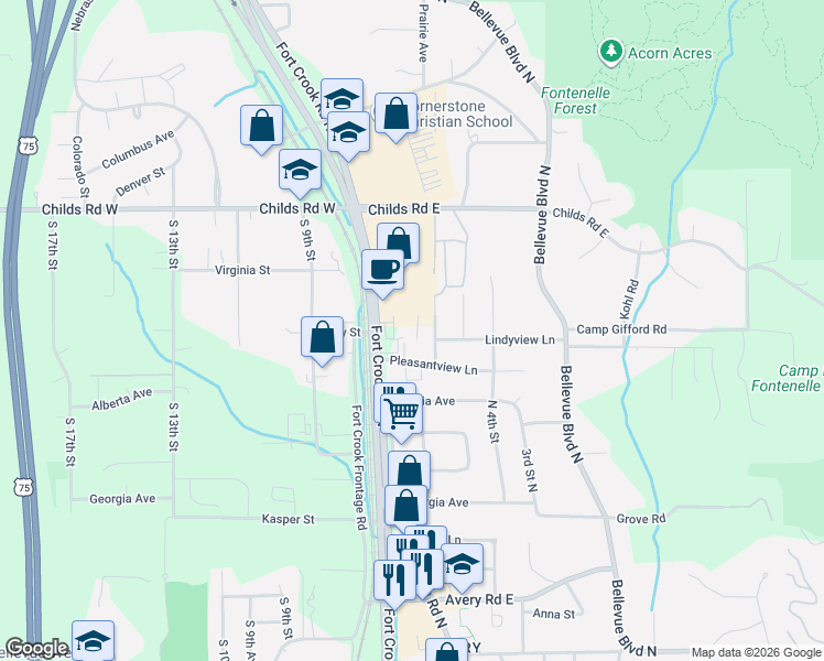 map of restaurants, bars, coffee shops, grocery stores, and more near 2205 Lindyview Road in Bellevue