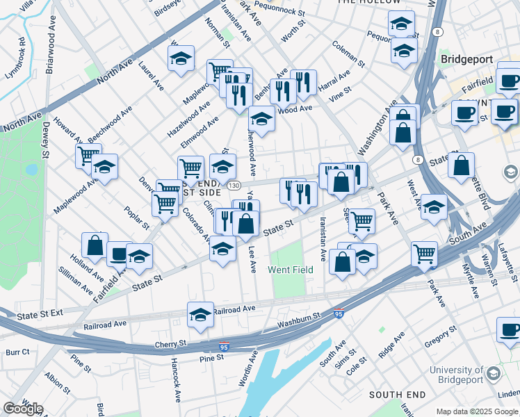map of restaurants, bars, coffee shops, grocery stores, and more near 80 Yale Street in Bridgeport