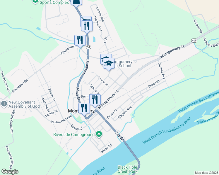 map of restaurants, bars, coffee shops, grocery stores, and more near 91 East Houston Avenue in Montgomery