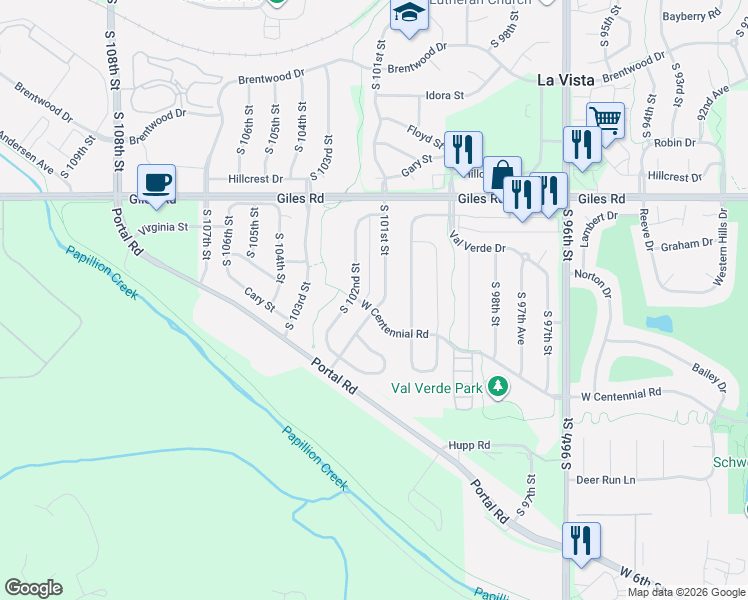 map of restaurants, bars, coffee shops, grocery stores, and more near 8563 South 102nd Street in La Vista