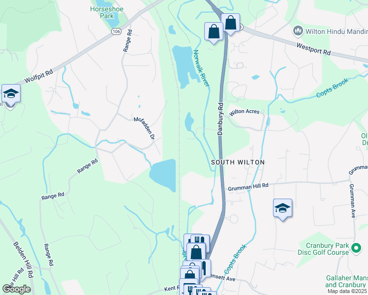 map of restaurants, bars, coffee shops, grocery stores, and more near 33 Arrowhead Road in Wilton