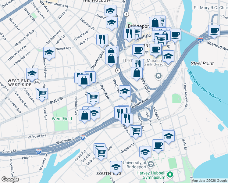 map of restaurants, bars, coffee shops, grocery stores, and more near 166 West Liberty Street in Bridgeport