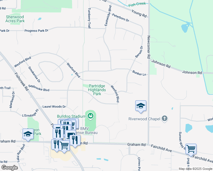 map of restaurants, bars, coffee shops, grocery stores, and more near 3077 Wexford Boulevard in Stow