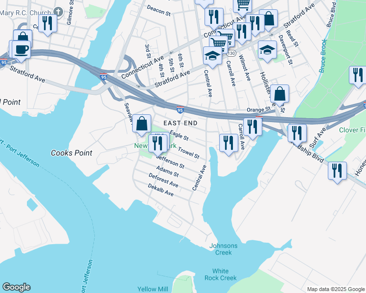 map of restaurants, bars, coffee shops, grocery stores, and more near 271 Eagle Street in Bridgeport