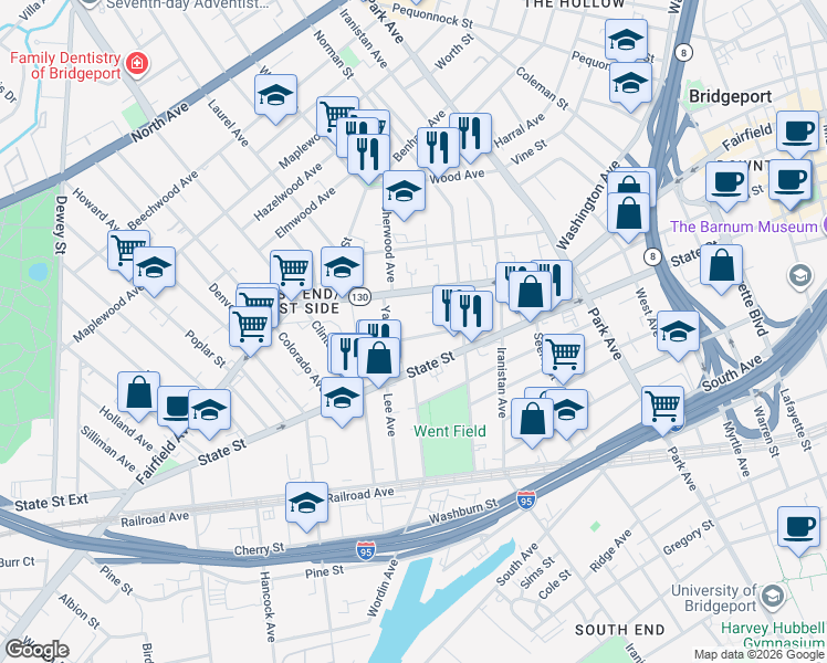 map of restaurants, bars, coffee shops, grocery stores, and more near 94 Fremont Street in Bridgeport