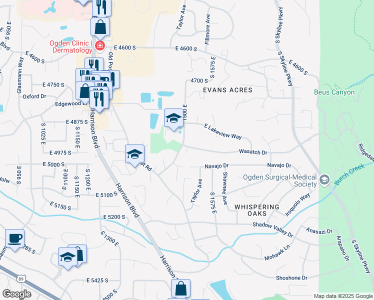 map of restaurants, bars, coffee shops, grocery stores, and more near 1506 Wasatch Drive in Ogden