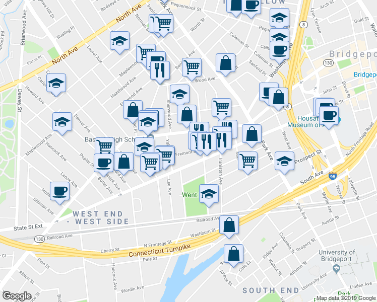 map of restaurants, bars, coffee shops, grocery stores, and more near 140 Yale Street in Bridgeport