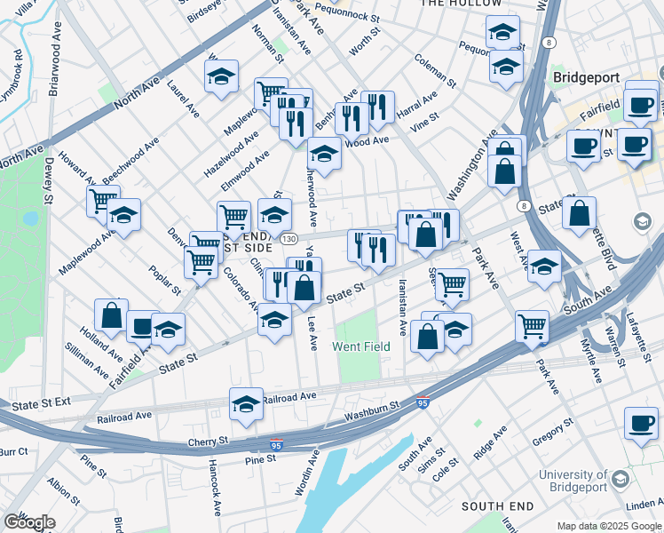 map of restaurants, bars, coffee shops, grocery stores, and more near 140 Yale Street in Bridgeport