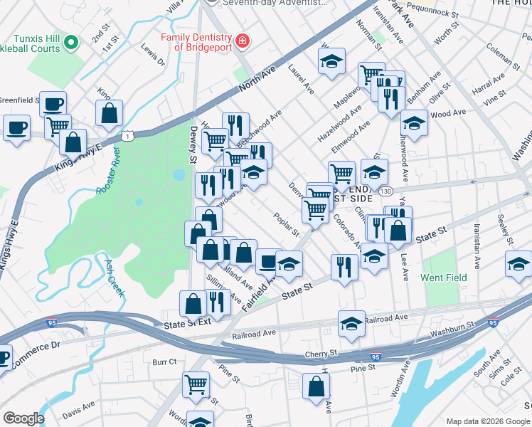 map of restaurants, bars, coffee shops, grocery stores, and more near 146 Poplar Street in Bridgeport
