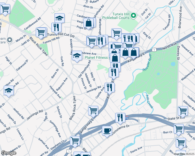 map of restaurants, bars, coffee shops, grocery stores, and more near 120 Grace Street in Fairfield