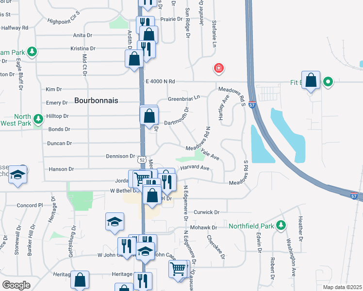 map of restaurants, bars, coffee shops, grocery stores, and more near 1145 Yale Avenue in Bourbonnais