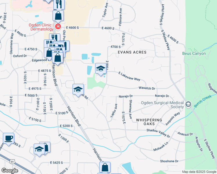 map of restaurants, bars, coffee shops, grocery stores, and more near 1506 Wasatch Drive in Ogden